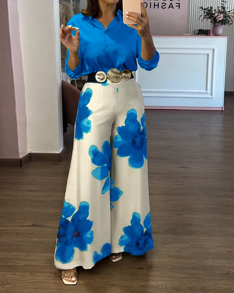 Satin Blouse and Floral Wide-Leg Pants Two-Piece Set