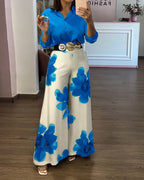 Satin Blouse and Floral Wide-Leg Pants Two-Piece Set