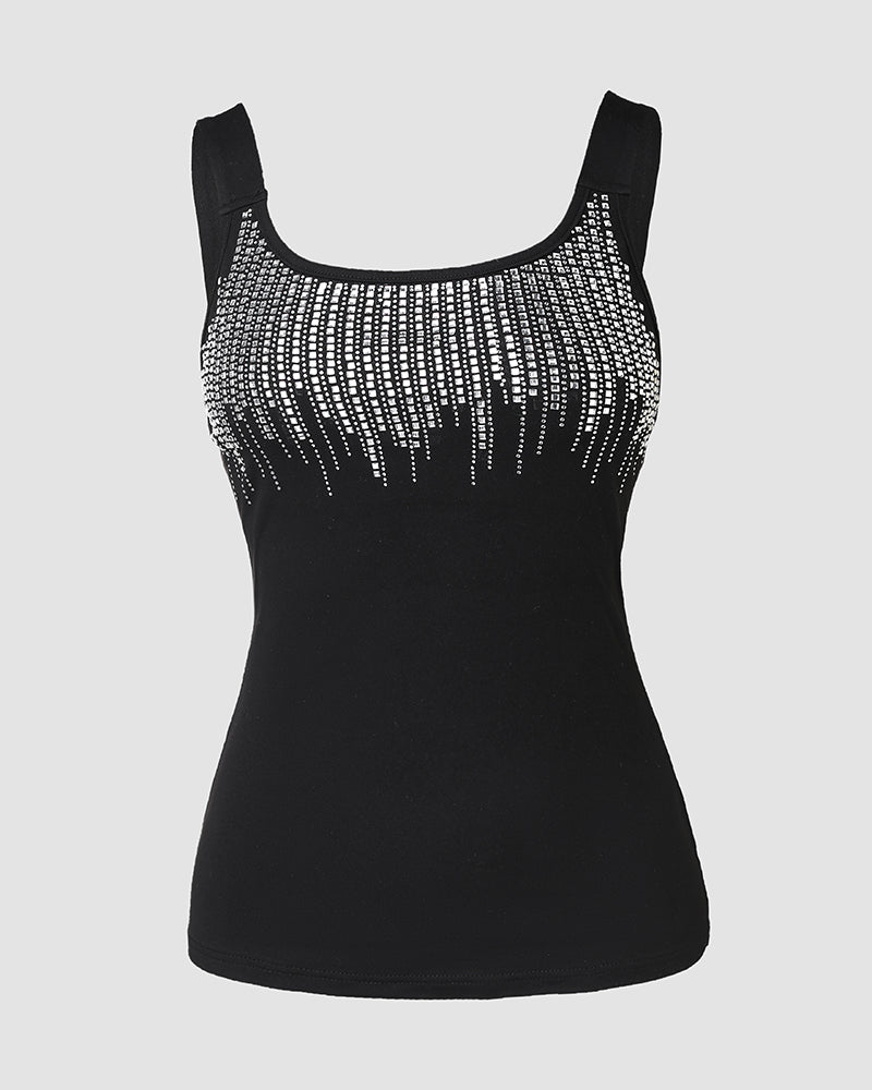 Round Neck Embellished Rhinestone Skinny Tank Top
