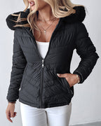 Fuzzy Trim Hooded Puffer Jacket with Shirred Zipper Pockets