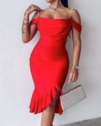 Pearl-Strap Cowl Neck Bodycon Dress with Ruffled Hem
