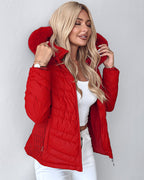 Fuzzy Trim Hooded Puffer Jacket with Shirred Zipper Pockets