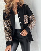 Leopard Sequin Patchwork Shacket with Raw Hem Long Sleeves
