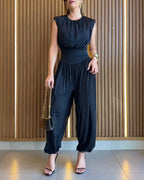 Padded Shoulder Sleeveless Jumpsuit with Cinched Waist and Side Slit