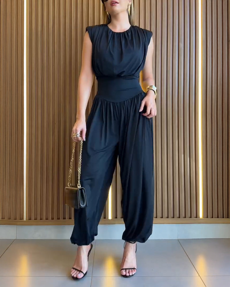 Padded Shoulder Sleeveless Jumpsuit with Cinched Waist and Side Slit
