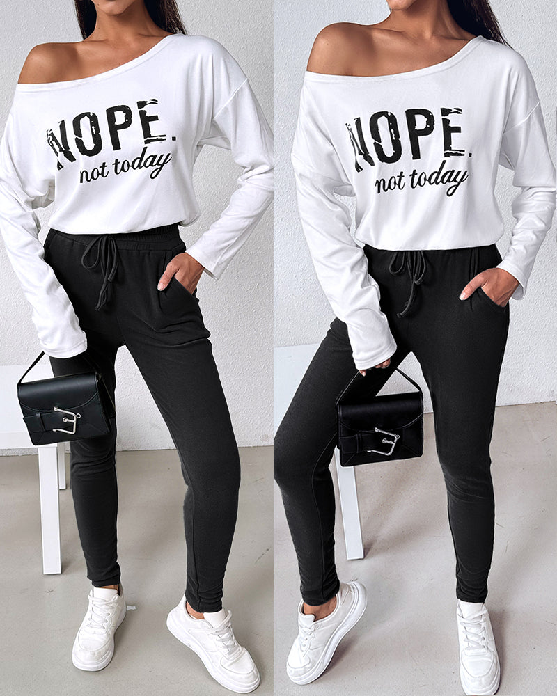 "Nope. Not Today" Asymmetric Neckline Top and Fitted Pants Set