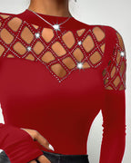 Hollow Rhinestone Cold Shoulder Long-Sleeve Casual T-Shirt