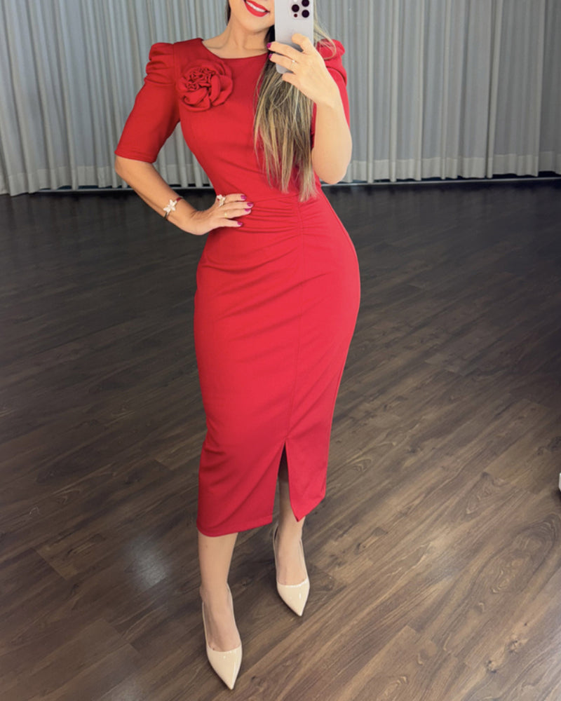 3D Floral Ruched Bodycon Dress with Puff Sleeves and Slit