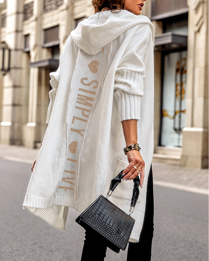 Hooded Heart Pattern Oversized Cardigan with Open Front