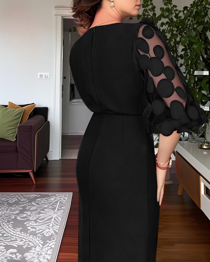 3D Polka Dot Mesh Lantern Sleeve Mid-Length Office Dress