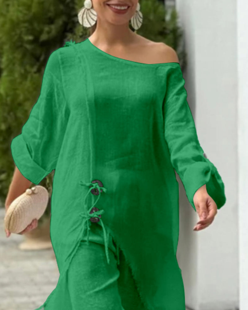 One-Shoulder Top with Coordinating Wide-Leg Pants Set