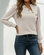 Asymmetrical Button Detail Ribbed V-Neck Long Sleeve Knit Tee