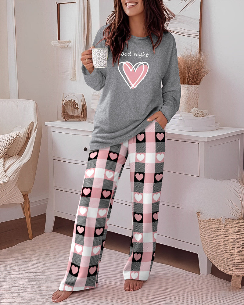 "Sweet Dreams" Heart Print Top with Plaid Pajamas, 2-Piece Set