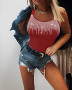 Round Neck Embellished Rhinestone Skinny Tank Top