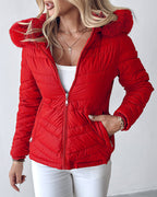 Fuzzy Trim Hooded Puffer Jacket with Shirred Zipper Pockets