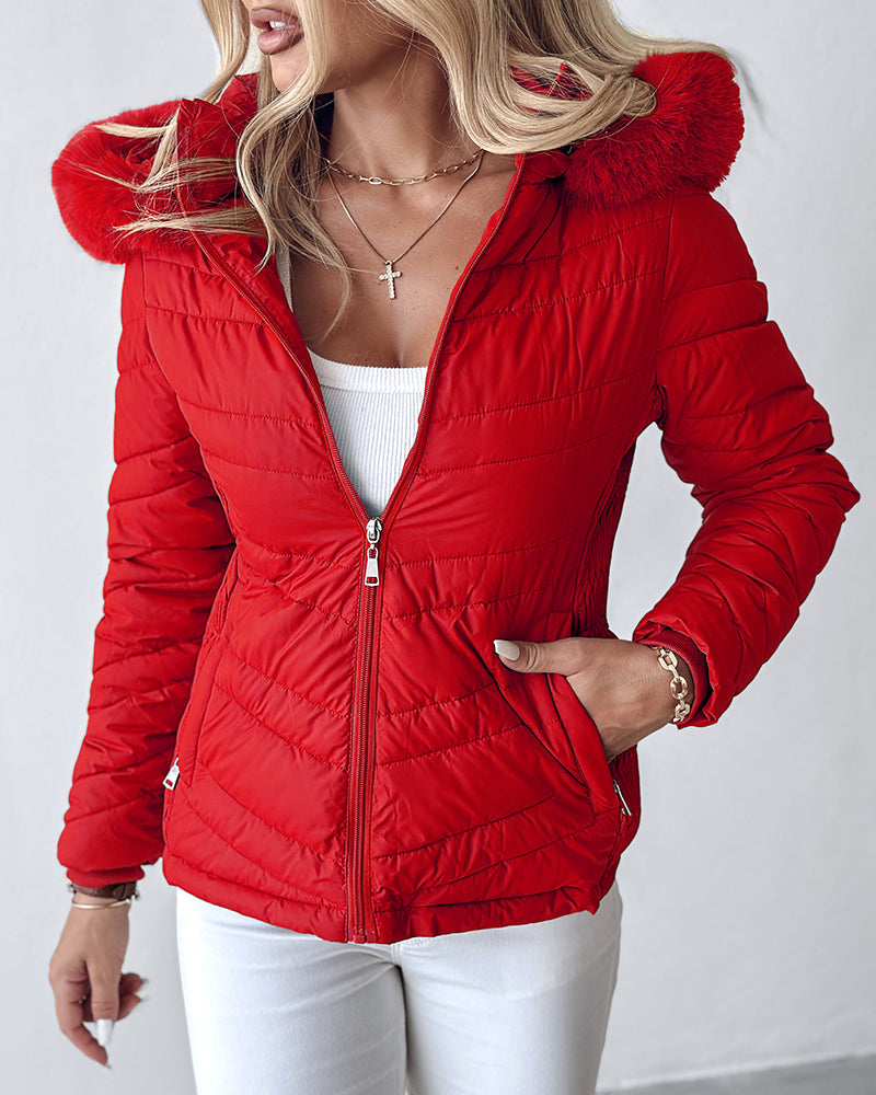 Fuzzy Trim Hooded Puffer Jacket with Shirred Zipper Pockets