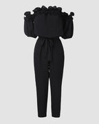 Off-Shoulder Frill Trim Textured Jumpsuit with Tie Waist