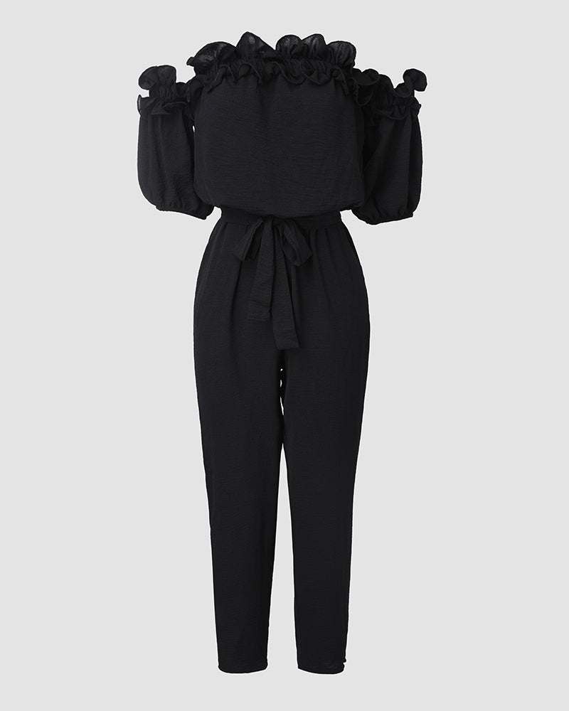 Off-Shoulder Frill Trim Textured Jumpsuit with Tie Waist