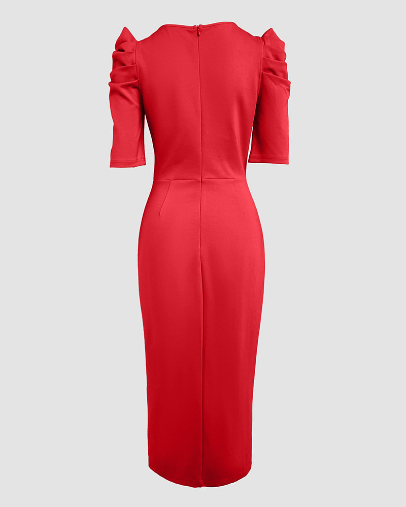 3D Floral Ruched Bodycon Dress with Puff Sleeves and Slit