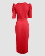 3D Floral Ruched Bodycon Dress with Puff Sleeves and Slit