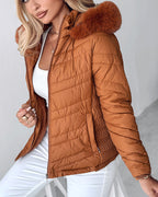 Fuzzy Trim Hooded Puffer Jacket with Shirred Zipper Pockets