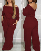 Off-Shoulder Jumpsuit with Elastic Waist, Pockets, and V-Back Design