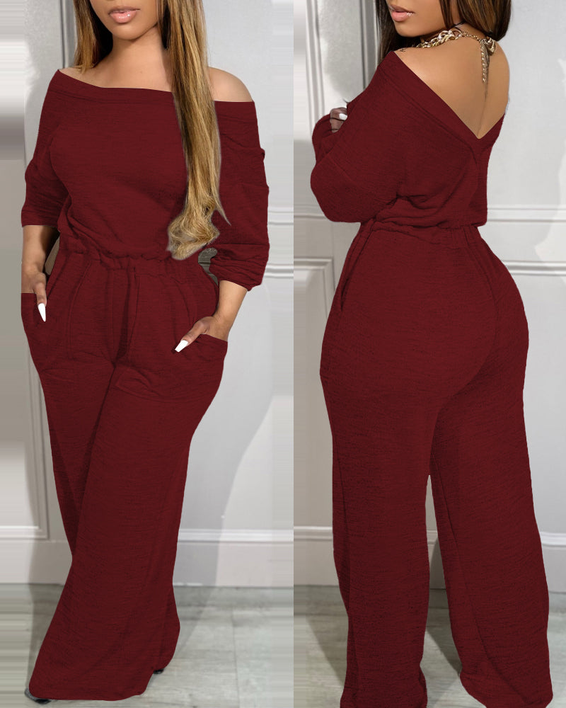 Off-Shoulder Jumpsuit with Elastic Waist, Pockets, and V-Back Design