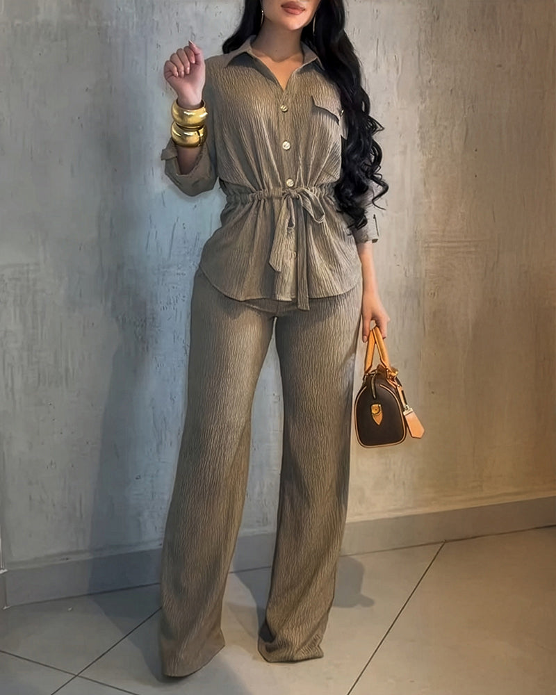Vintage 2-Piece Set: Drawstring Top and Wide-Leg Pants