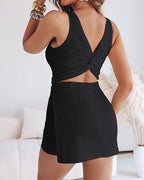 French-Inspired Square Neck Backless Slit Skort Romper with Zipper