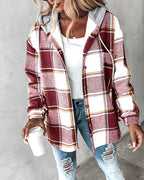 Hooded Plaid Shacket with Long Sleeves and Fleece Lining