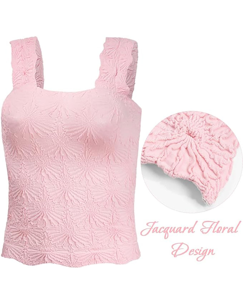 Floral Jacquard Square Neck Crop Top with Thick Straps