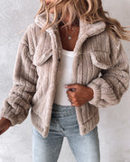 Striped Teddy Fleece Jacket with Buttons and Flap Pockets