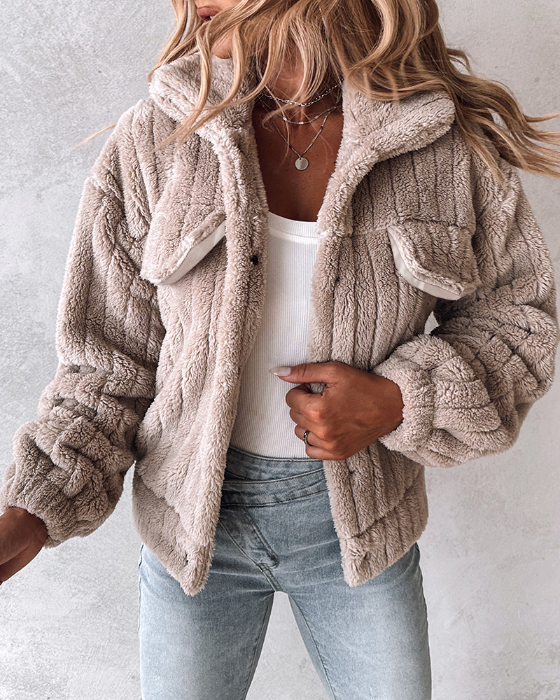 Striped Teddy Fleece Jacket with Buttons and Flap Pockets