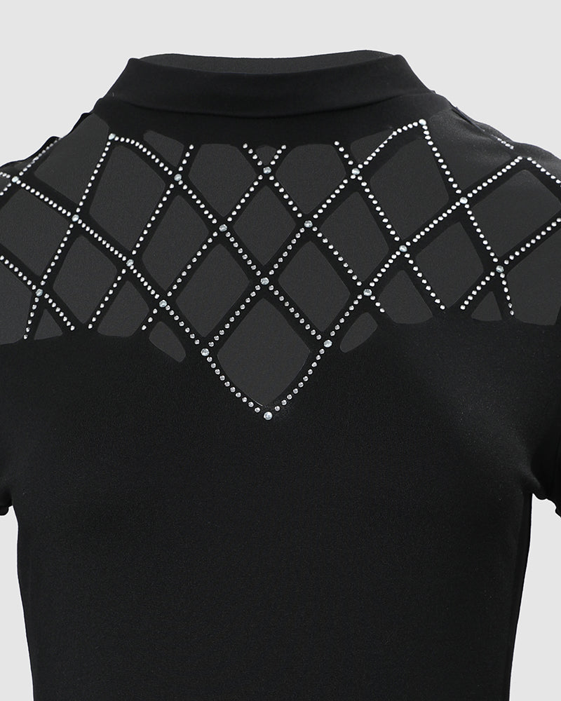 Hollow Rhinestone Cold Shoulder Long-Sleeve Casual T-Shirt
