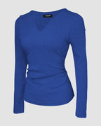Rib Knit Notch Neck Long Sleeve Top with Built-In Bra