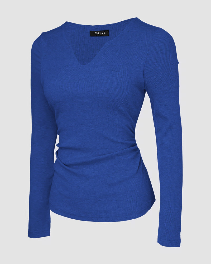 Rib Knit Notch Neck Long Sleeve Top with Built-In Bra