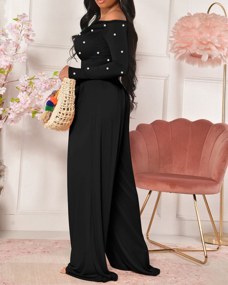 Pearl-Adorned Asymmetrical Neck Ruched Jumpsuit with Cinched Waist