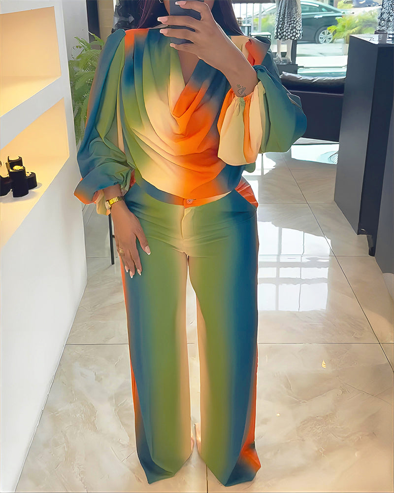 Cowl Neck Puff Sleeve Top with Zippered Wide-Leg Pants Set