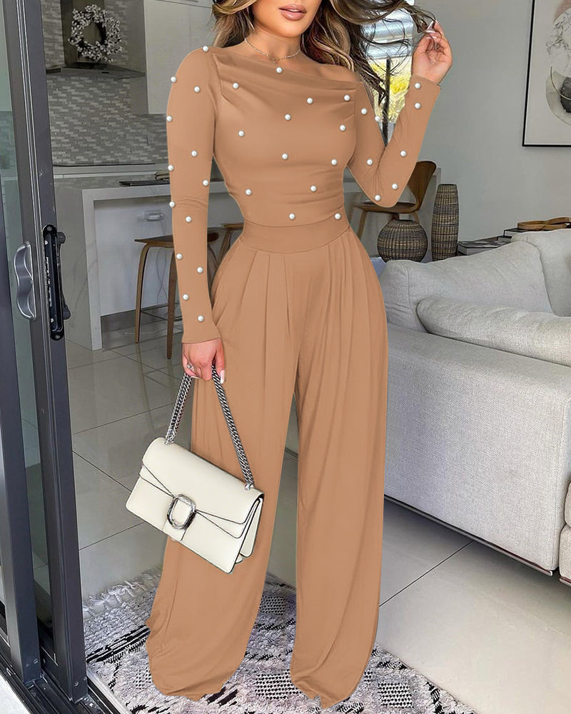 Pearl-Adorned Asymmetrical Neck Ruched Jumpsuit with Cinched Waist