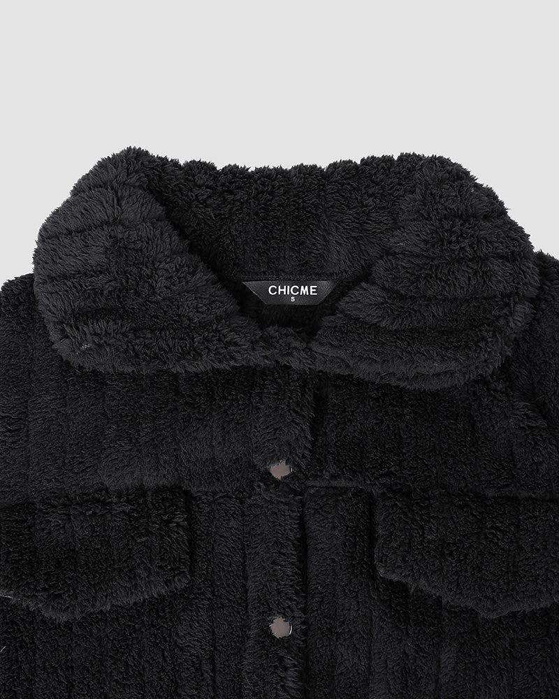 Striped Teddy Fleece Jacket with Buttons and Flap Pockets