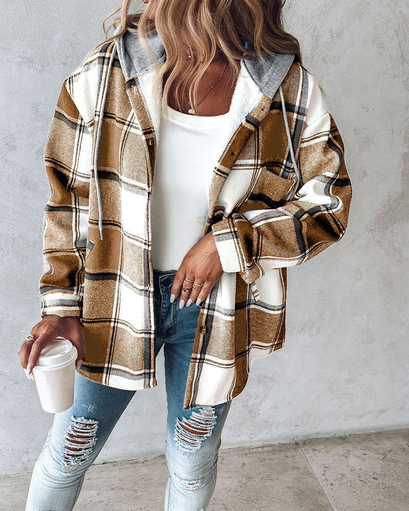 Hooded Plaid Shacket with Long Sleeves and Fleece Lining