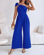 Buckled Cold Shoulder Ruched Wide-Leg Fashion Jumpsuit