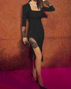 Square Neck Eyelash Lace Slit Dress with Asymmetric Hem