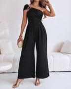 Buckled Cold Shoulder Ruched Wide-Leg Fashion Jumpsuit