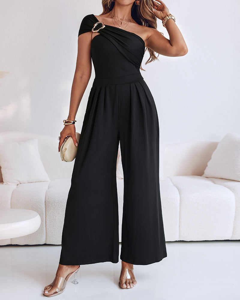 Buckled Cold Shoulder Ruched Wide-Leg Fashion Jumpsuit