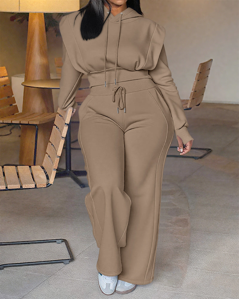 2-Piece Long Sleeve Hoodie and Wide-Leg Pants Set.