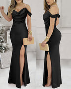 Pearl Strap Cowl Neck Bodycon Dress with High Slit Evening
