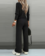 2-Piece V-Neck Button Top and Straight Leg Casual Pants Set
