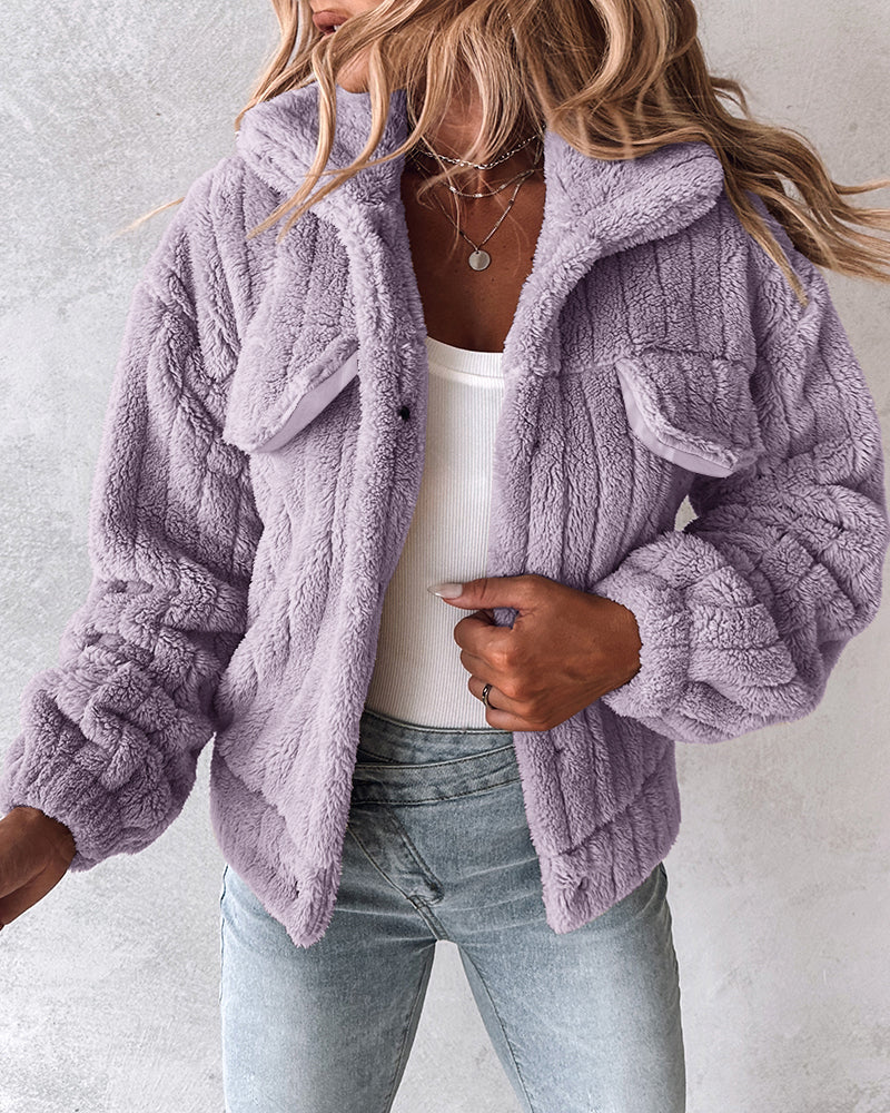 Striped Teddy Fleece Jacket with Buttons and Flap Pockets