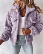 Striped Teddy Fleece Jacket with Buttons and Flap Pockets